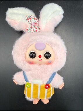 Baby Three BB3 Rabbit Macaron Cute Bunny Plush Pink Bunny Overalls w/Cherry Bow